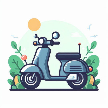 Vintage scooter on the background of plants. Vector illustration.のイラスト素材