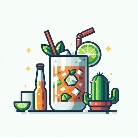 Cinco de Mayo celebration flat color vector icon. Alcoholic drink with lime, cactus and beer.のイラスト素材
