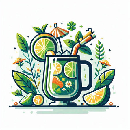 Cocktail with lime, lemon, straw and leaves. Vector illustration.のイラスト素材