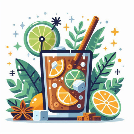 Cocktail with orange, lemon and ice cubes. Vector illustrationのイラスト素材