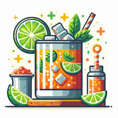 Fruit cocktail with lime, mint and ice. Vector illustration.のイラスト素材