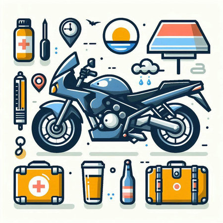 Vector illustration of motorcycle and travel icons set in flat line style.のイラスト素材
