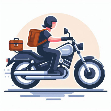 Biker with a suitcase on a motorcycle. Flat vector illustration.のイラスト素材