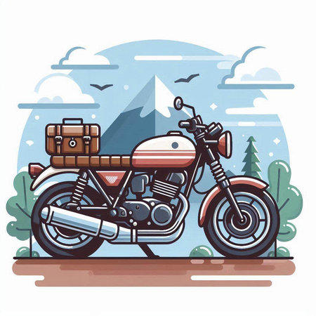 Vintage motorcycle. Motorcycle in the mountains. Vector illustration.のイラスト素材