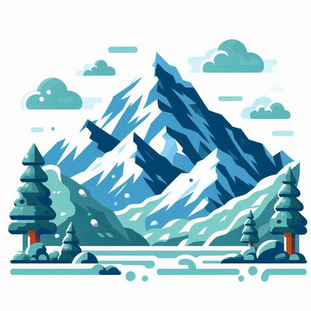 Mountain landscape with snow and pine trees. Flat vector illustration.のイラスト素材