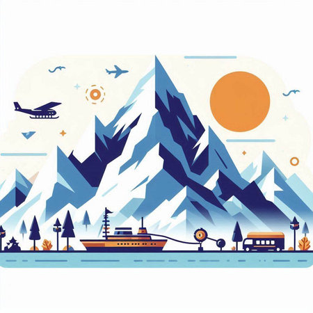 Mountain landscape with ship and mountains in flat style. Vector illustration.のイラスト素材