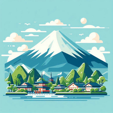 Mt. Fuji in Japan. Landscape with mountains and lake. Vector illustration.のイラスト素材