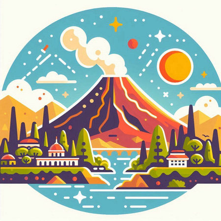 Landscape with volcano in the form of a circle. Vector illustration.のイラスト素材