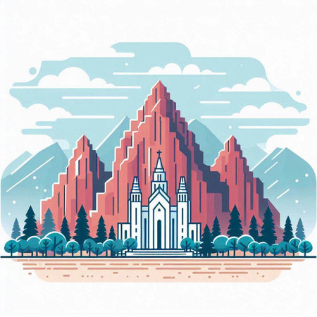 Mountain landscape with church in flat style. Vector illustration for your designのイラスト素材