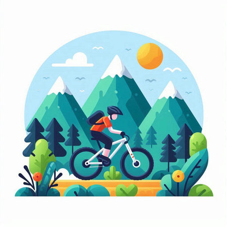 Cyclist riding mountain bike in the forest, flat vector illustration.のイラスト素材