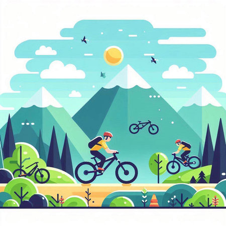 Cyclists in the mountains. Vector illustration in flat style.のイラスト素材