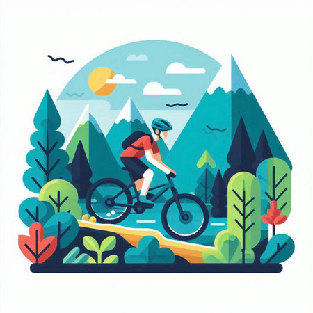 Cyclist in the mountains. Colorful flat vector illustration.のイラスト素材