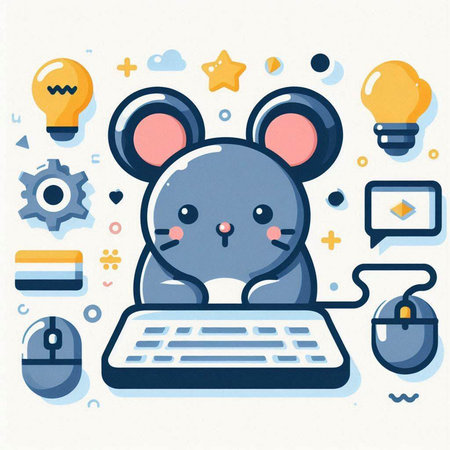 Vector illustration of mouse with keyboard, mouse and computer mouse. Cute cartoon mouse character.のイラスト素材