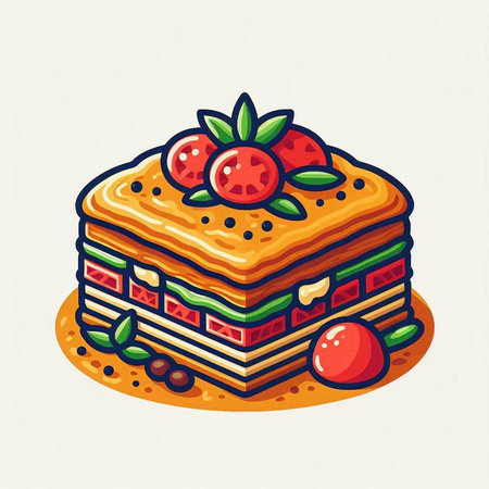 Colorful vector illustration of a waffle with strawberries and mint.のイラスト素材