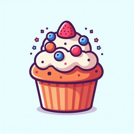 Cupcake with cream and berries. Vector illustration in cartoon style.のイラスト素材