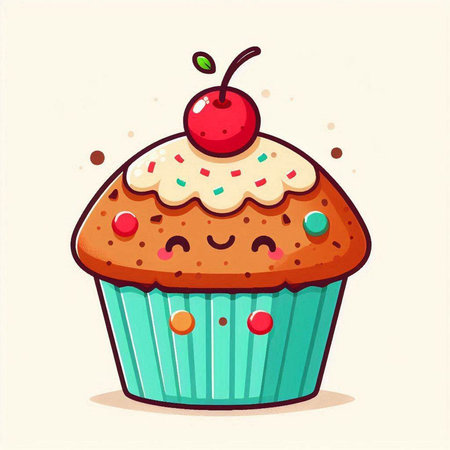 Cute cupcake with a cherry on a light background. Vector illustration.のイラスト素材