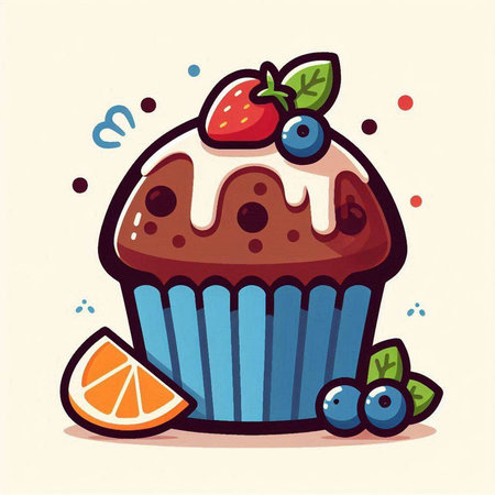 Cupcake with berries and orange. Hand drawn vector illustration.のイラスト素材