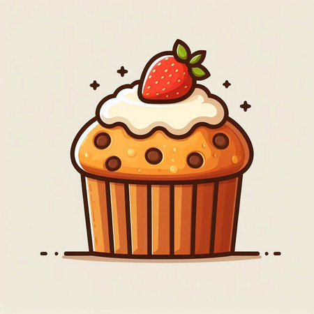 Cupcake vector illustration. Cute cupcake with whipped cream and strawberry.のイラスト素材