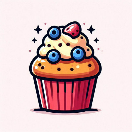 Cupcake with cream and berries, hand drawn vector illustration.のイラスト素材
