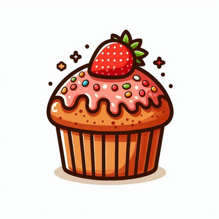 Cupcake with strawberry isolated on white background. Vector illustration.のイラスト素材