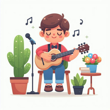 Boy playing ukulele and singing song. Vector illustration.のイラスト素材