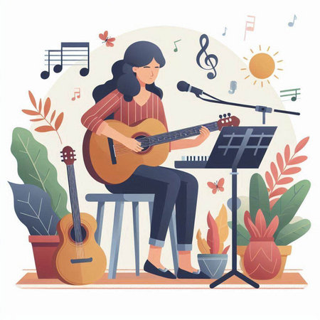 Woman playing guitar and singing at home. Flat style vector illustration.のイラスト素材