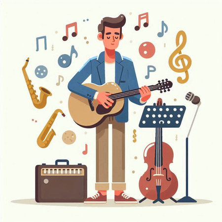 Musician playing the guitar and singing. Flat style vector illustration.のイラスト素材