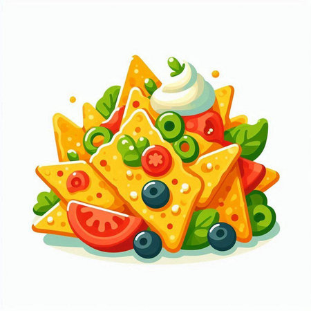 Mexican food vector illustration. Nachos, guacamole, cheese, tomato, olives, pepper, onion, green peasのイラスト素材