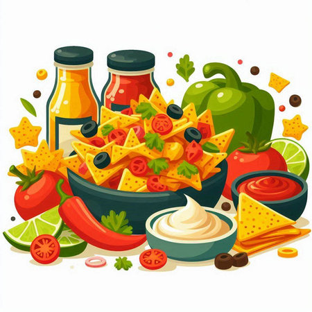 Mexican nachos with salsa sauce and ingredients, vector illustrationのイラスト素材