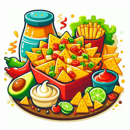 Mexican nachos with sauces, guacamole, salsannaise. Vector illustration.のイラスト素材