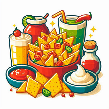 Mexican nachos with salsa, guacamole and cheese. Vector illustrationのイラスト素材