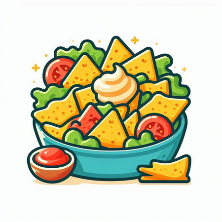 Mexican nachos in bowl with sauce. Vector illustration.のイラスト素材
