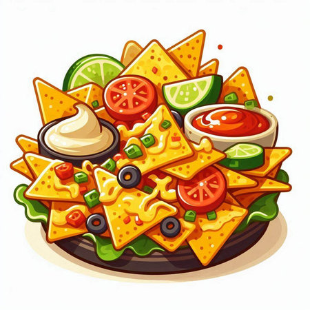 Illustration of a plate of nachos with guacamole and tomato sauceのイラスト素材