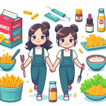 Illustration of a girl and a woman in dungareesのイラスト素材