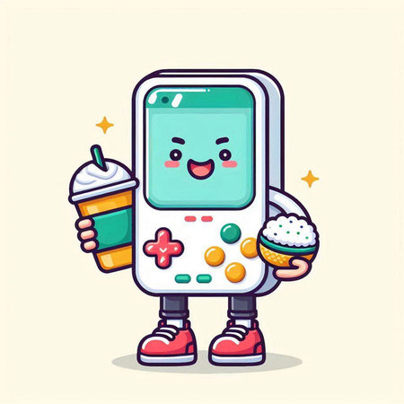 Cute game console cartoon mascot character holding ice cream and donutのイラスト素材