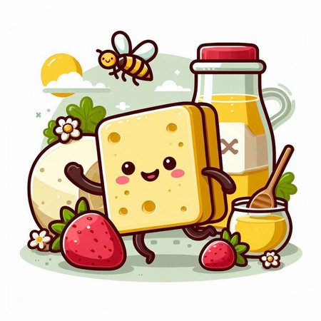 Cheese, honey and strawberry. Cute cartoon vector illustration.のイラスト素材