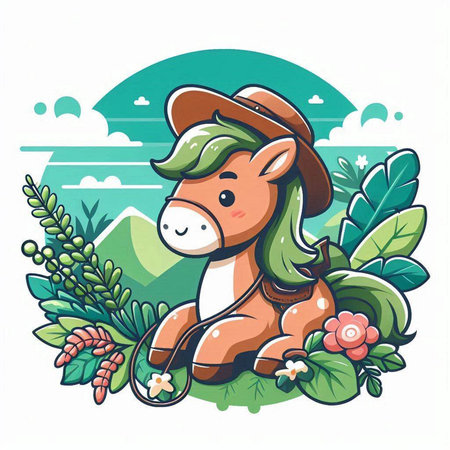 Vector illustration of a cute cartoon horse in a hat and flowers.のイラスト素材