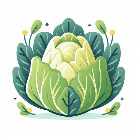 Cabbage head with leaves and flowers on white background. Vector illustration.のイラスト素材