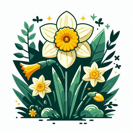 Narcissus flowers and leaves. Hand drawn vector illustration.のイラスト素材