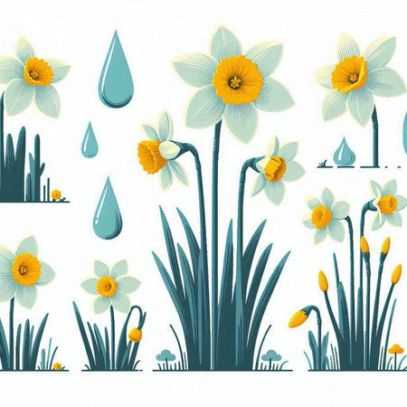 Spring background with daffodils and water drops. Vector illustration.のイラスト素材