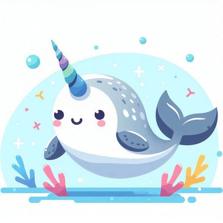 Cute cartoon narwhal with unicorn horn. Vector illustration.のイラスト素材