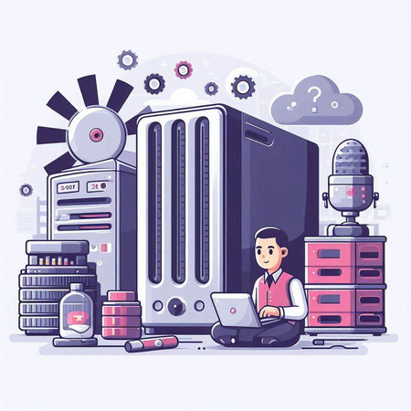 Vector illustration of a man working on a laptop in a cloud computing.のイラスト素材