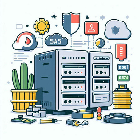 Vector illustration of server in flat line style for web design and mobile appsのイラスト素材