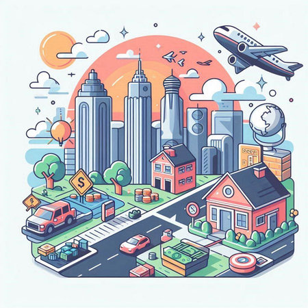 City landscape with road, buildings, cars and icons. Vector illustrationのイラスト素材