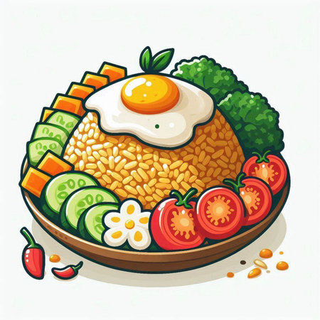 Illustration of a bowl of rice with a fried egg and vegetablesのイラスト素材