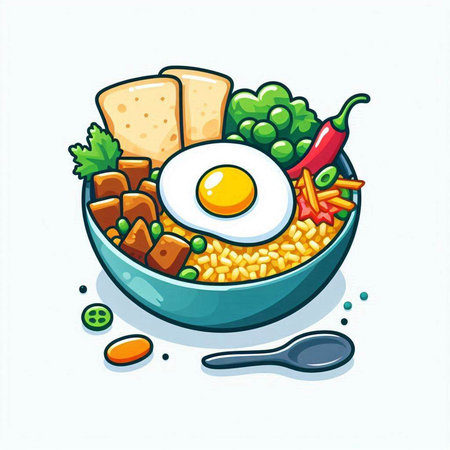 Vector illustration of a bowl of rice with fried egg and vegetables.のイラスト素材