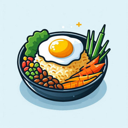 Illustration of a bowl of rice with fried egg, carrots and green onionsのイラスト素材