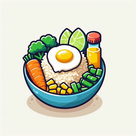 Illustration of a bowl of rice with fried egg and vegetables.のイラスト素材