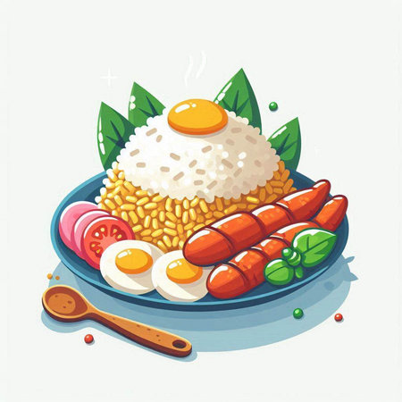 Illustration of a plate of rice with fried egg and vegetables.のイラスト素材
