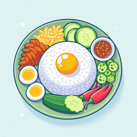 Illustration of fried egg with vegetables on a plate. Vector illustration.のイラスト素材